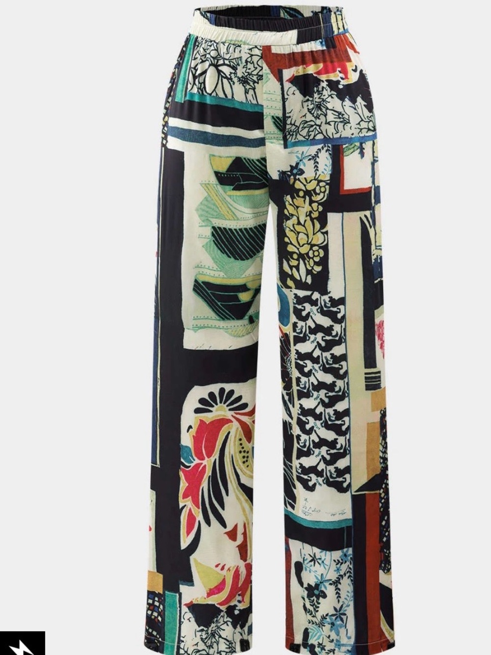 Printed Wide-Leg Patchwork Pants in Multi Color